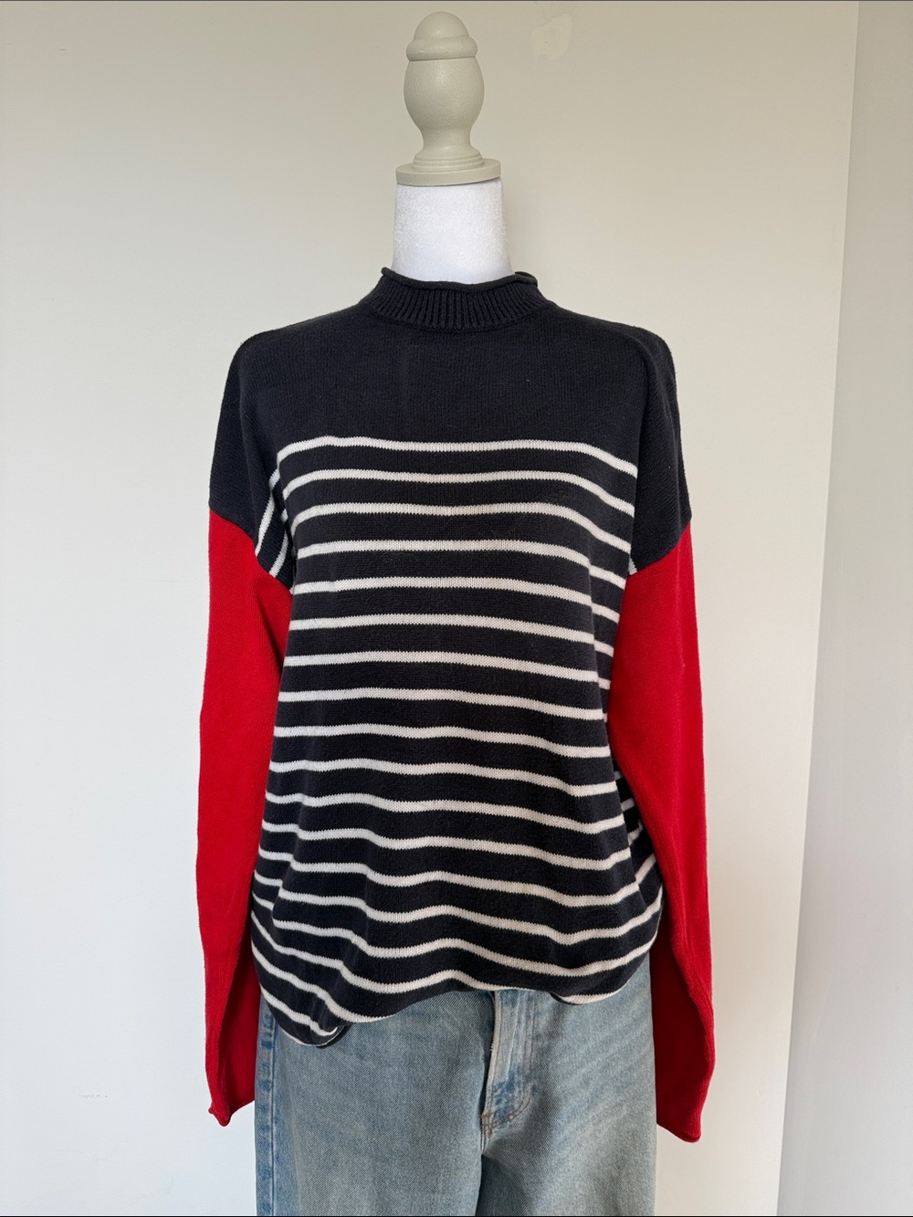Tommy Hilfiger Striped Navy & White Rollneck Sweater with Red Sleeves